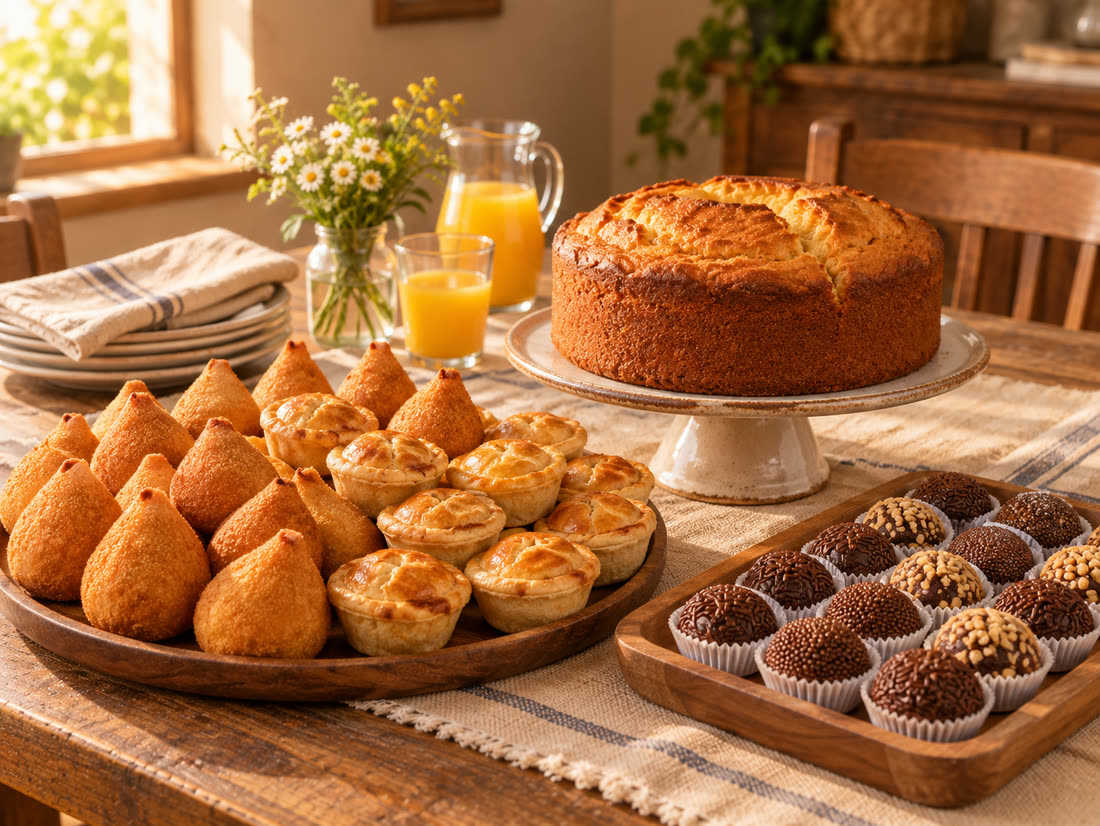 Mesa de festa com coxinhas, empadas, bolo caseiro e brigadeiros