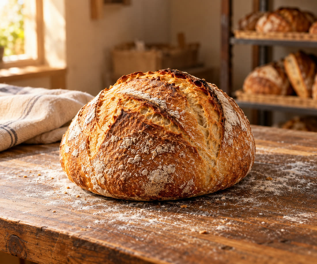 Pão de fermentação natural recém-saído do forno, sobre a bancada de madeira