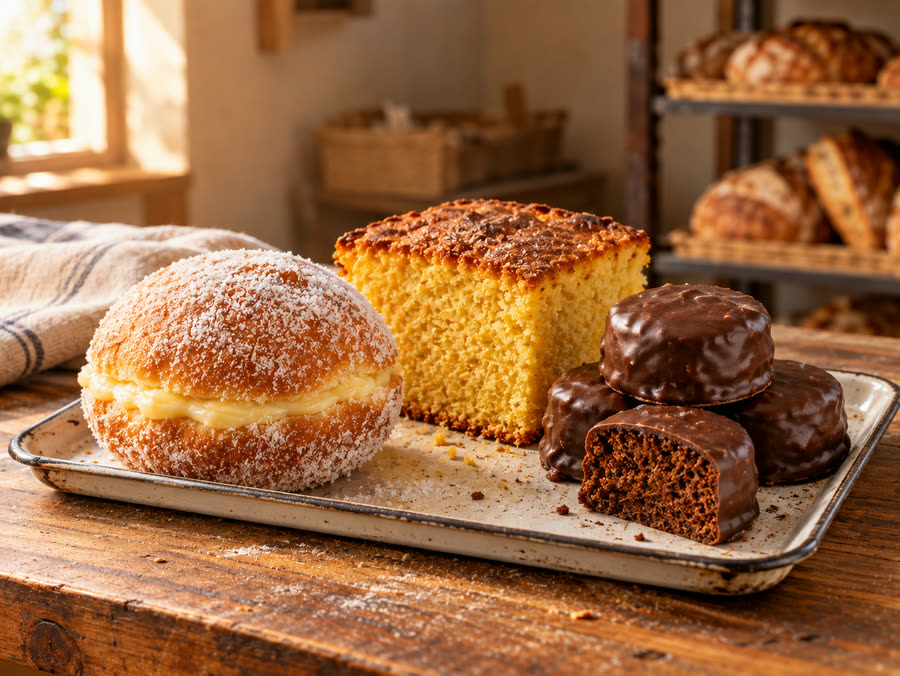 Sonho, bolo de fubá e pão de mel numa bandeja
