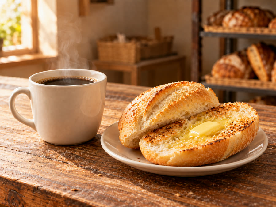 Café coado e pão na chapa com manteiga